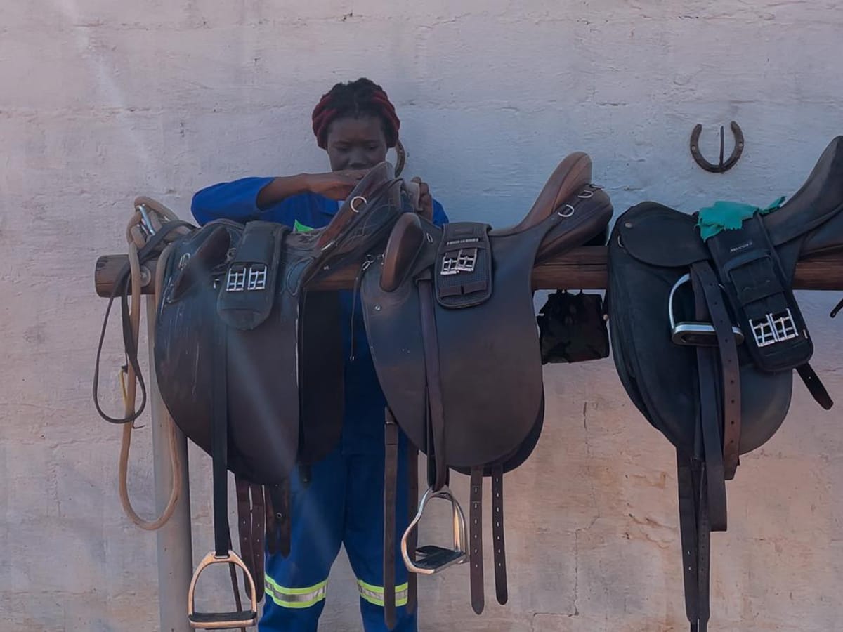 Local Zimbabwean groom cleaning and maintaining horse saddles and tack at Wild Bhiza stables in Chisuma Village near Victoria Falls