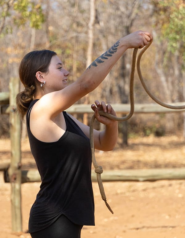 Natural Horsemanship and Join Up Horse Psychology at Wild Bhiza Zimbabwe Volunteer learning natural horsemanship and bitless riding techniques with Wild Bhiza horses in Zimbabwe