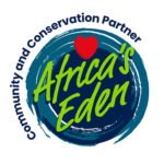 Global Partner - Community and Conservation Partner Africa's Eden logo: blue circular brush with green text and a red heart, surrounded by 'Community and Conservation Partner' edge text.